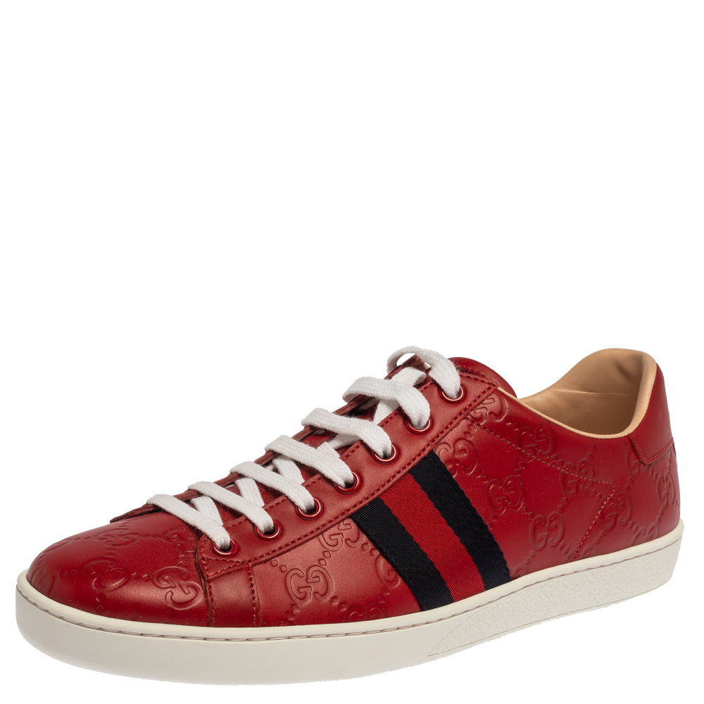 Pre Owned Gucci Red Guccissima Leather Ace Web Low Top Sneakers Size 38.5