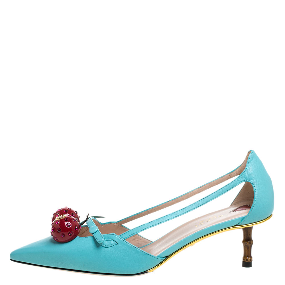 

Gucci Blue Leather Unia Cherry Bamboo Heel Pointed Toe Pump Size