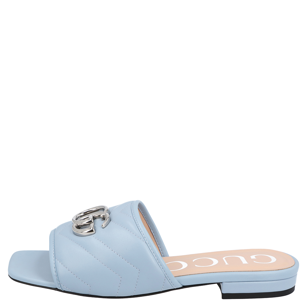 

Gucci Light Blue Leather Double G Slide Sandal Size