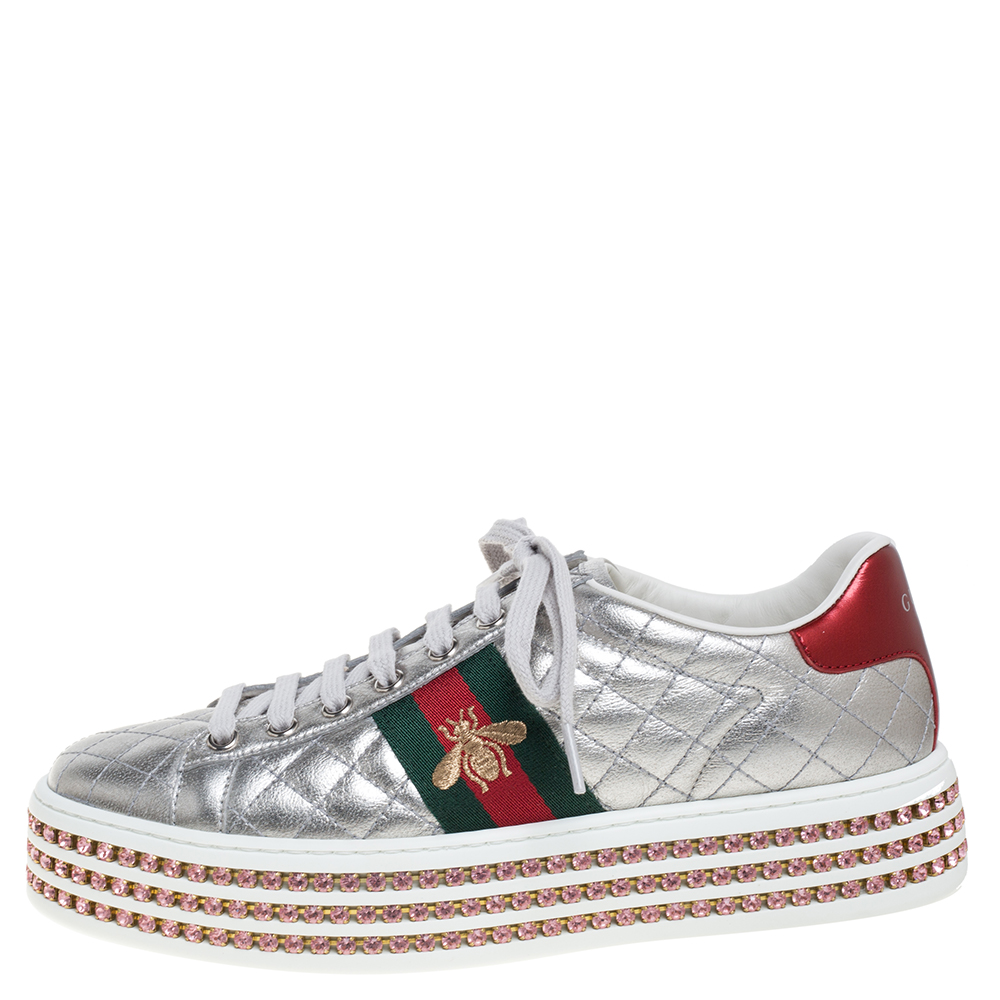

Gucci Silver Quilted Leather And Bee Web Detail New Ace Crystal Embellished Platform Sneakers Size
