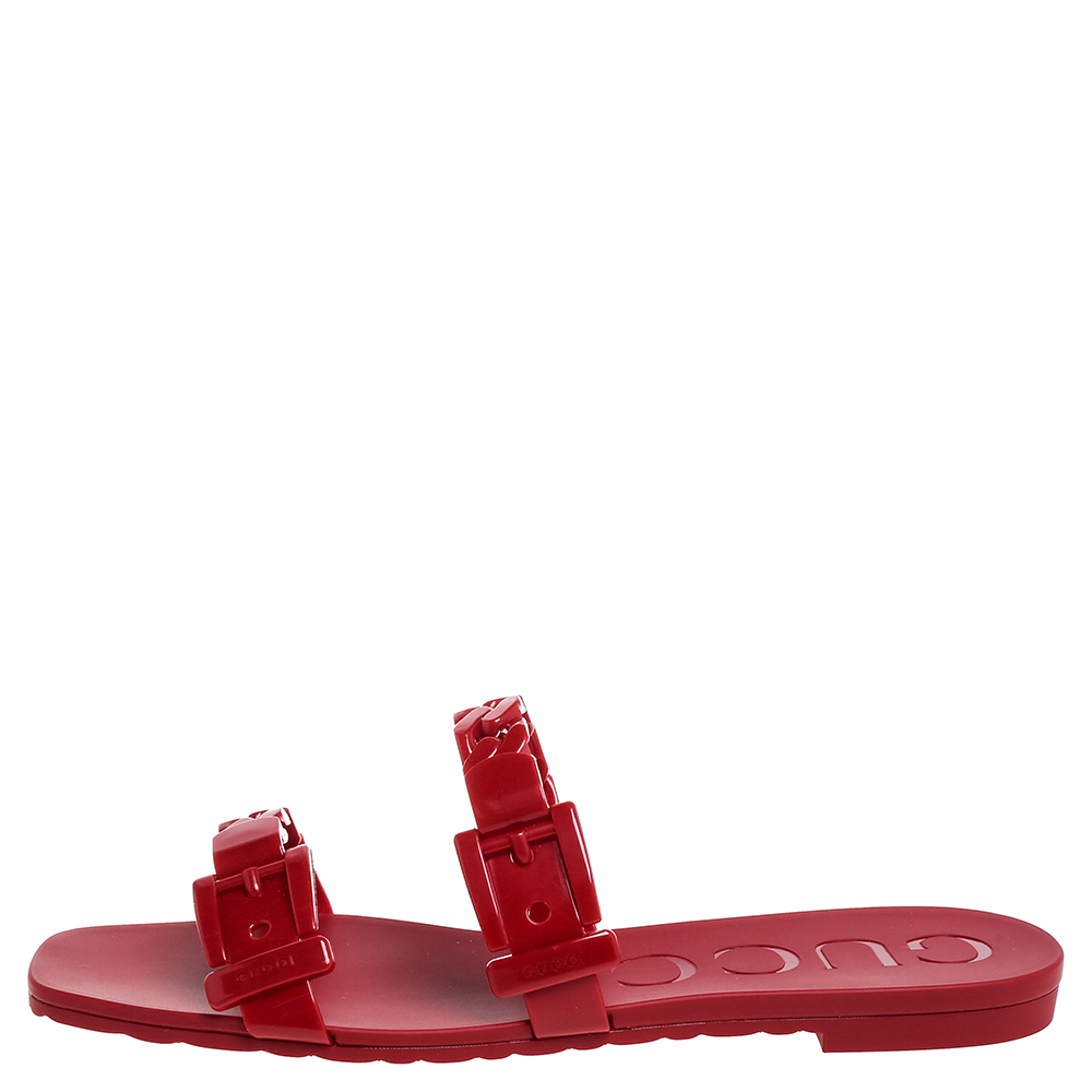 

Gucci Red Jelly Buckle Slide Flats Size