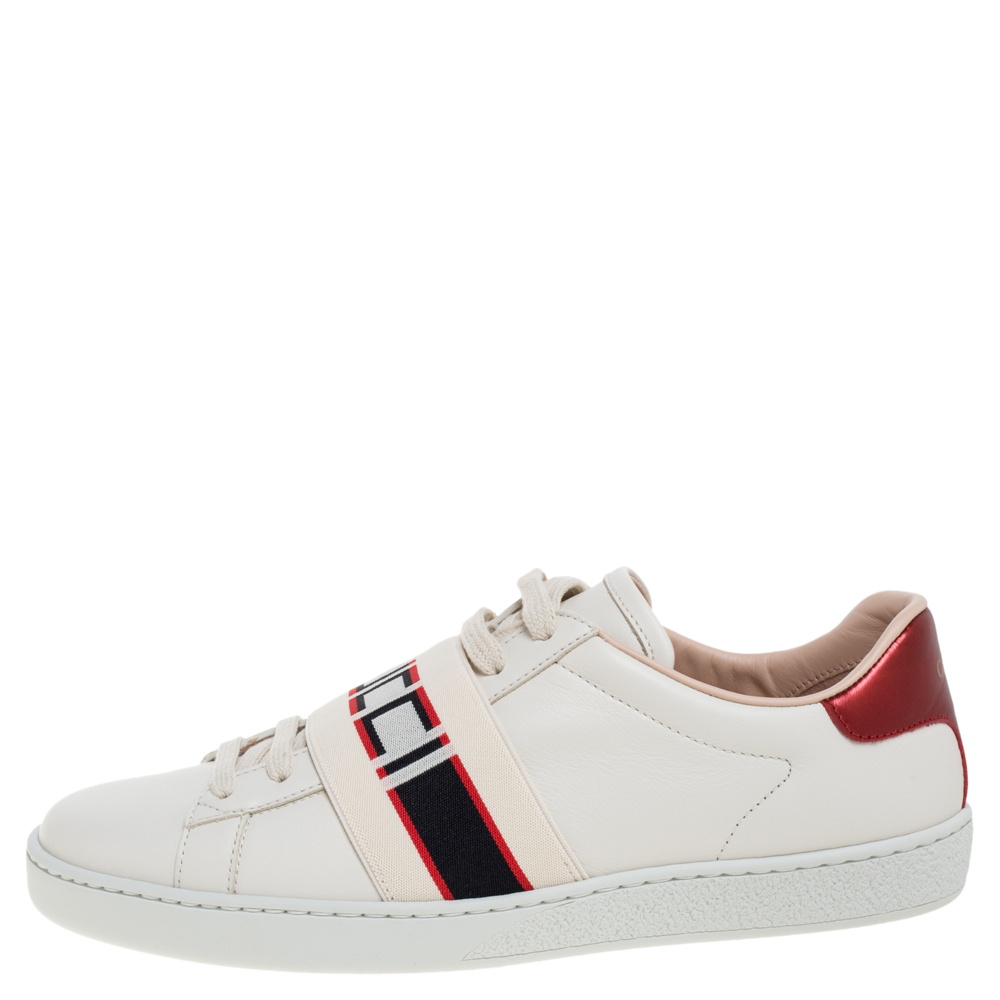 

Gucci Beige Leather Ace Gucci Stripe Low Top Sneakers Size