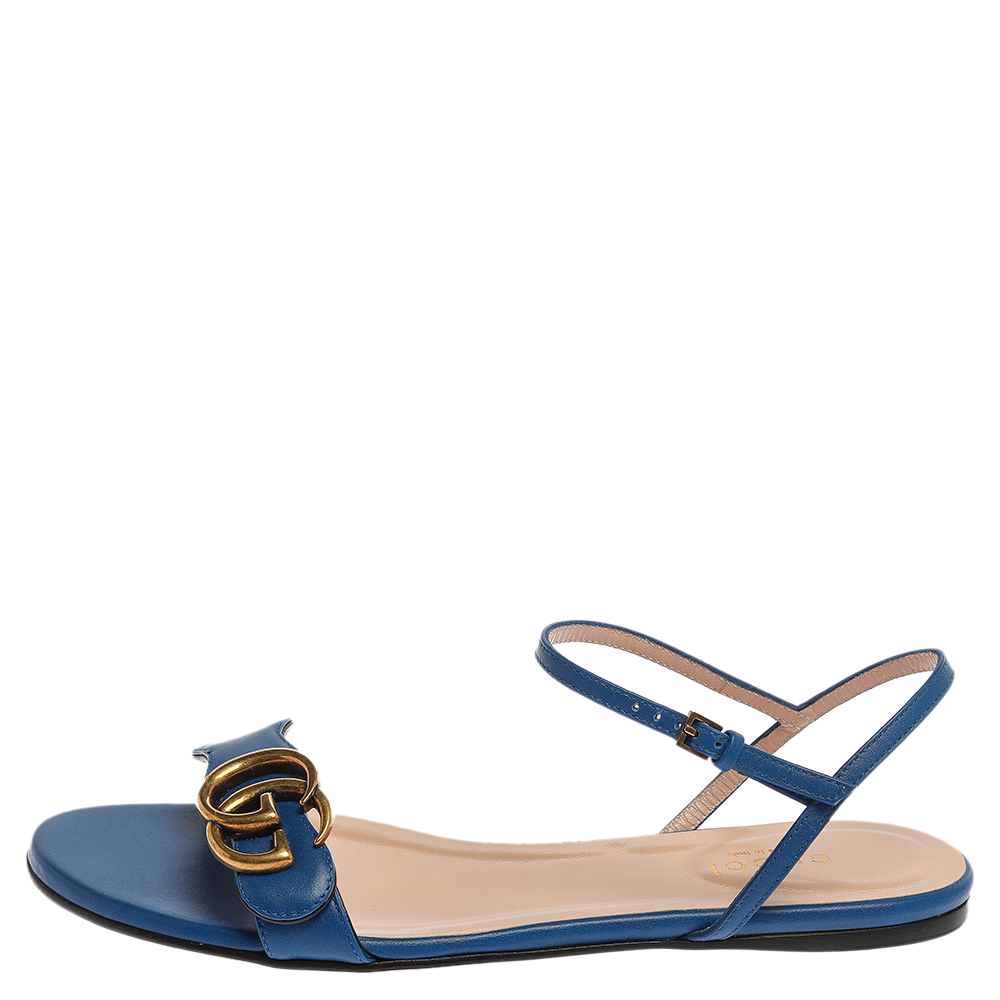 

Gucci Blue Leather GG Marmont Ankle Strap Slide Flats Size