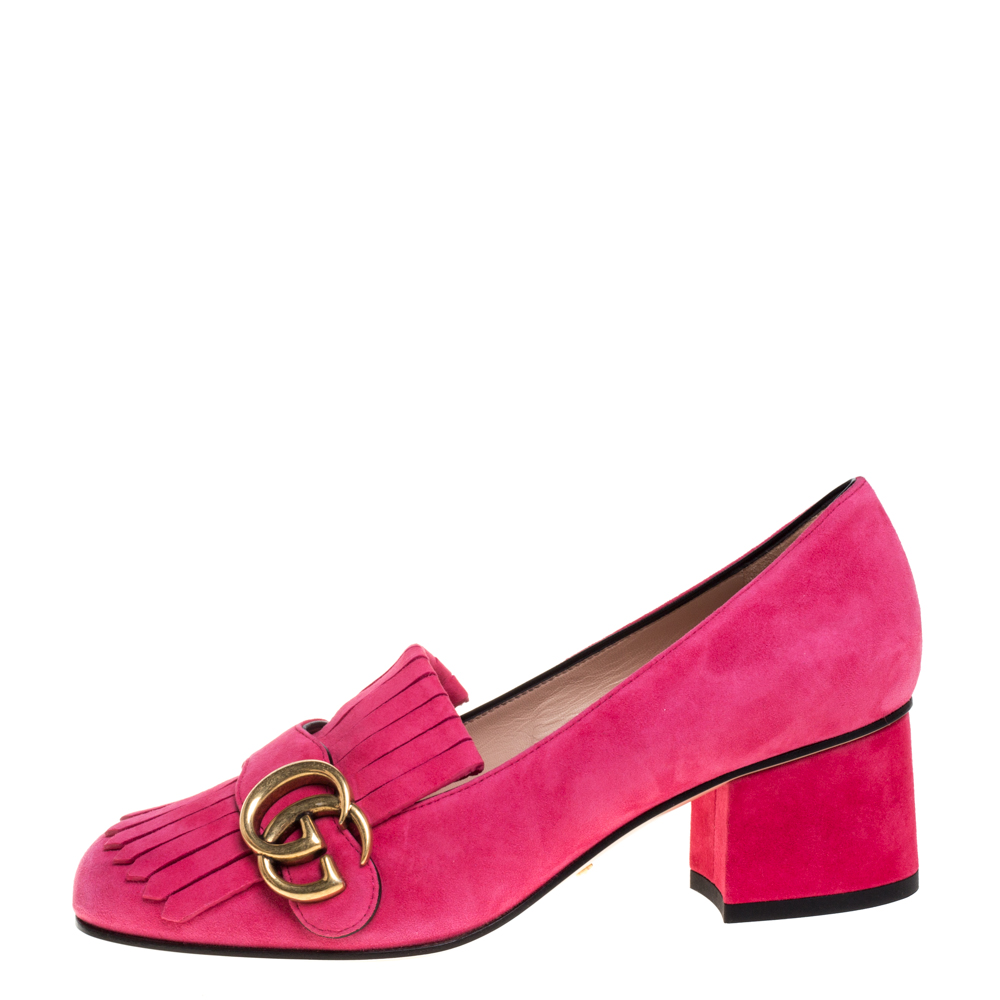 

Gucci Pink Suede GG Marmont Fringe Detail Square Toe Block Heel Pumps Size