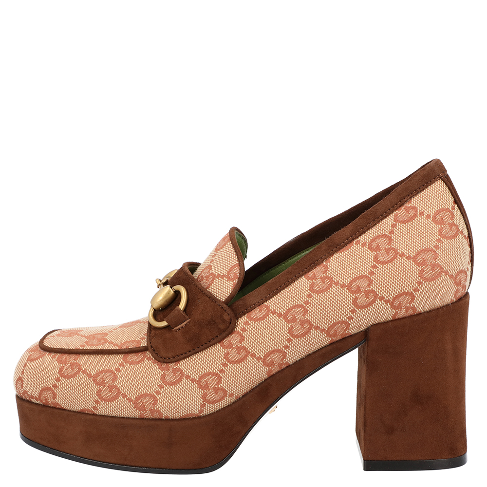 

Gucci Brown/Beige GG Canvas Suede Horsebit Platform Mid-Heel Size EU