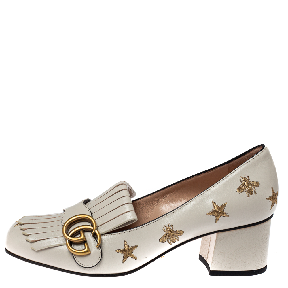 

Gucci White Leather GG Star Marmont Fringe Pumps Size
