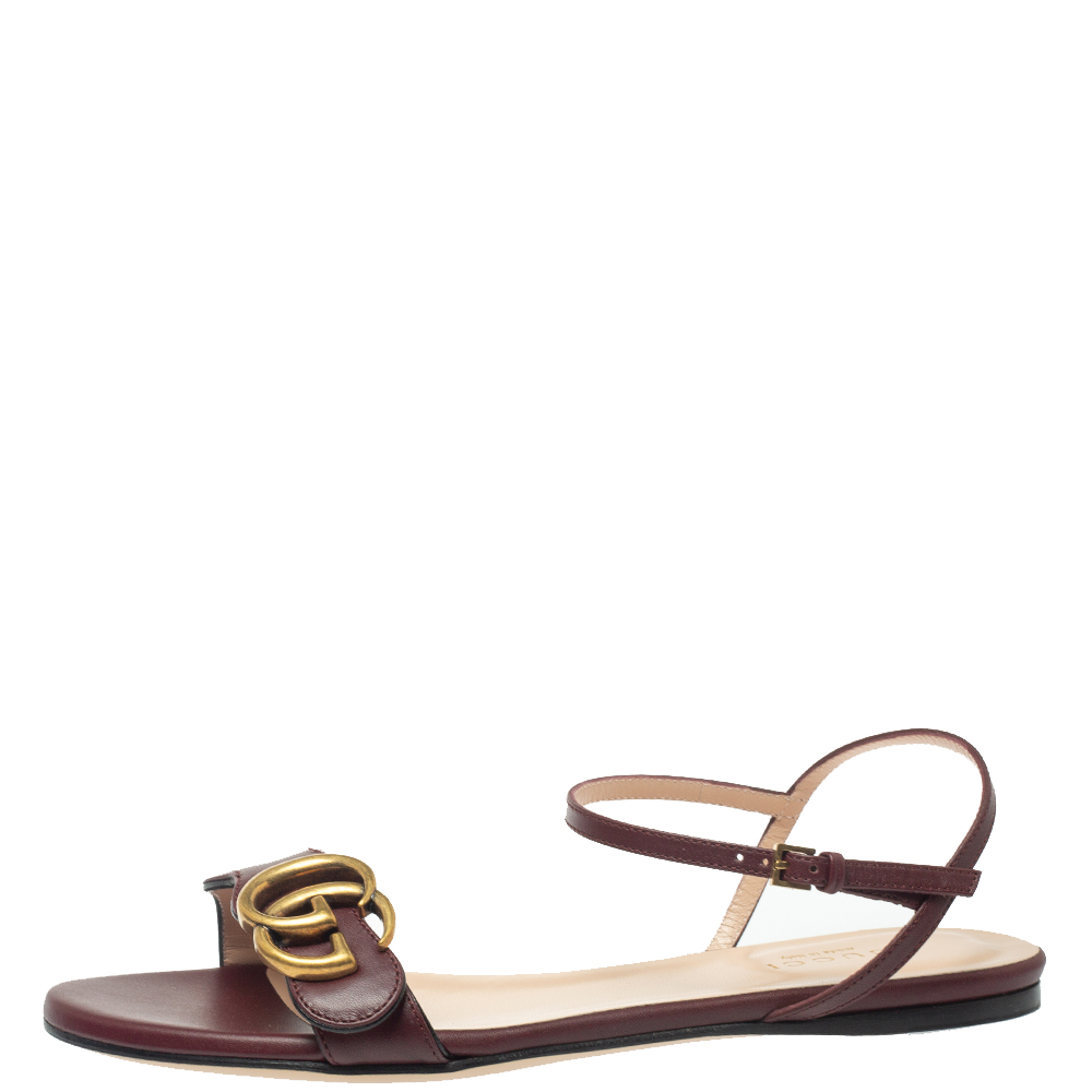 

Gucci Burgundy Leather Marmont Double G Flat Ankle Strap Sandals Size