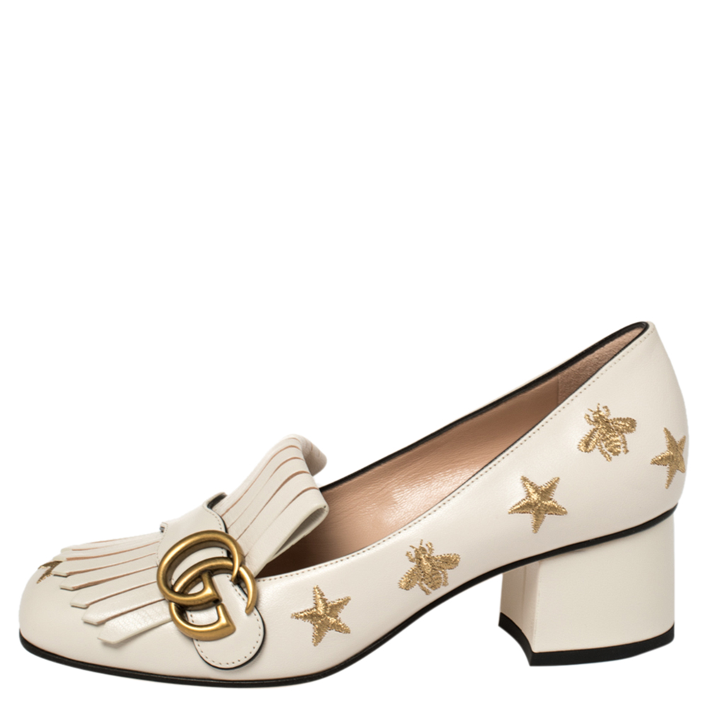 

Gucci White Leather GG Star Marmont Fringe Pumps Size