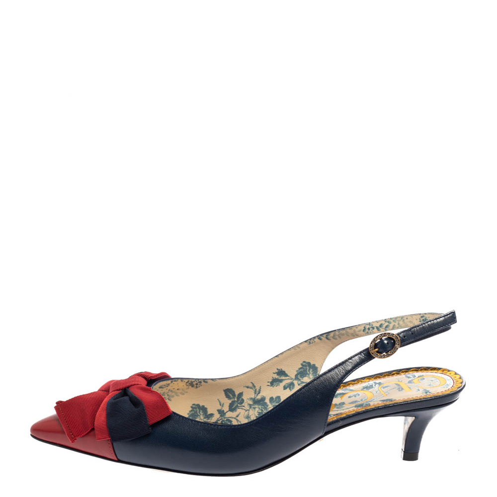 

Gucci Blue/Red Leather Bow Slingback Pumps