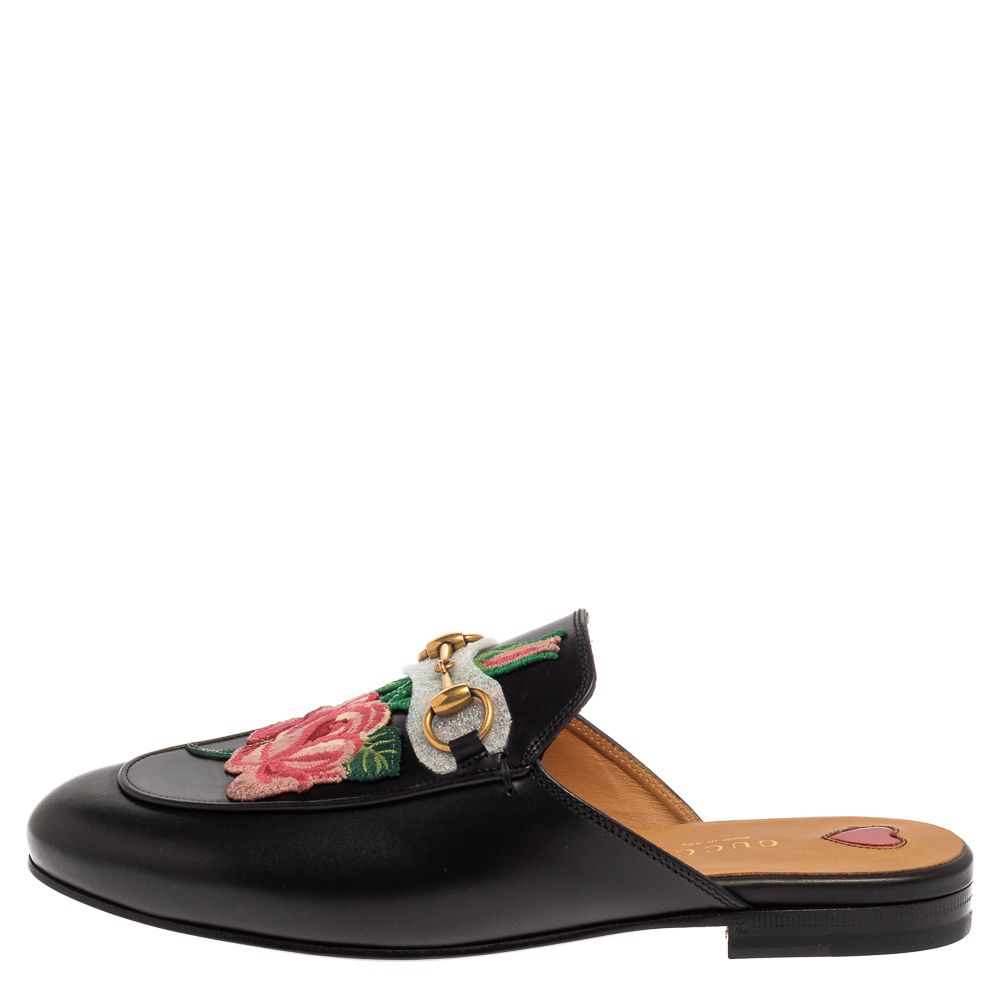 

Gucci Black Leather Floral Princetown Flat Mules Size