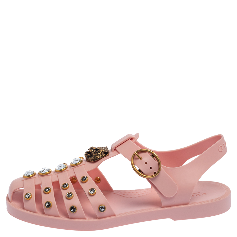 

Gucci Pink Rubber Embellished Slingback Sandals Size