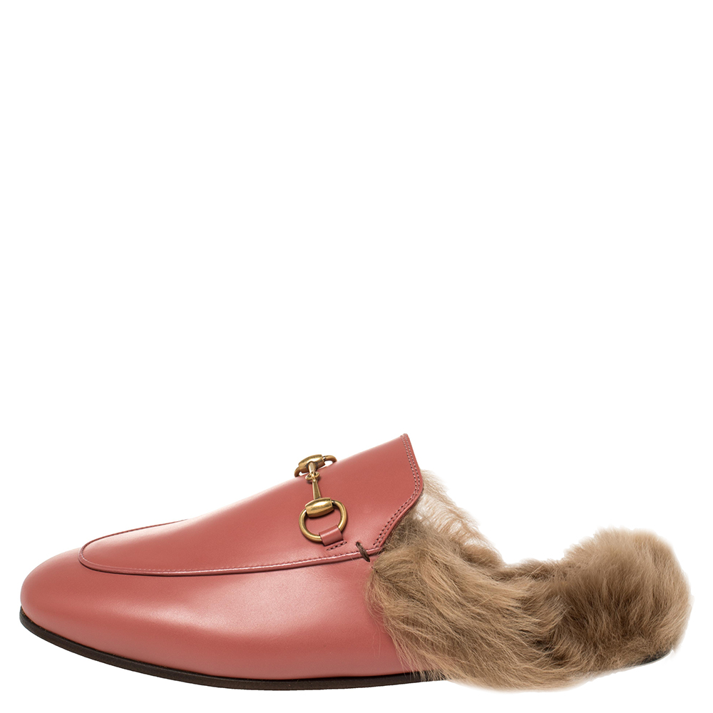

Gucci Pink Leather And Fur Princetown Horsebit Flat Mules Size