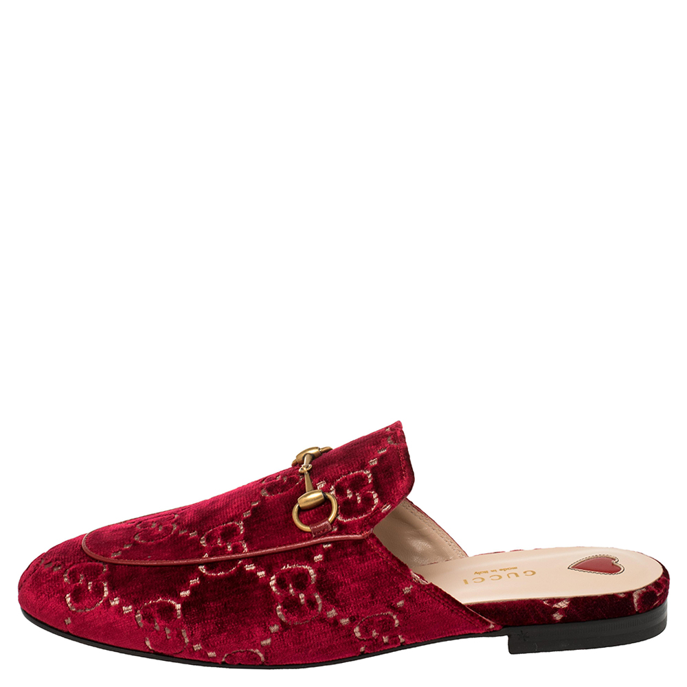 Gucci Pink Velvet And Leather Princetown Horsebit Flat Mules Size