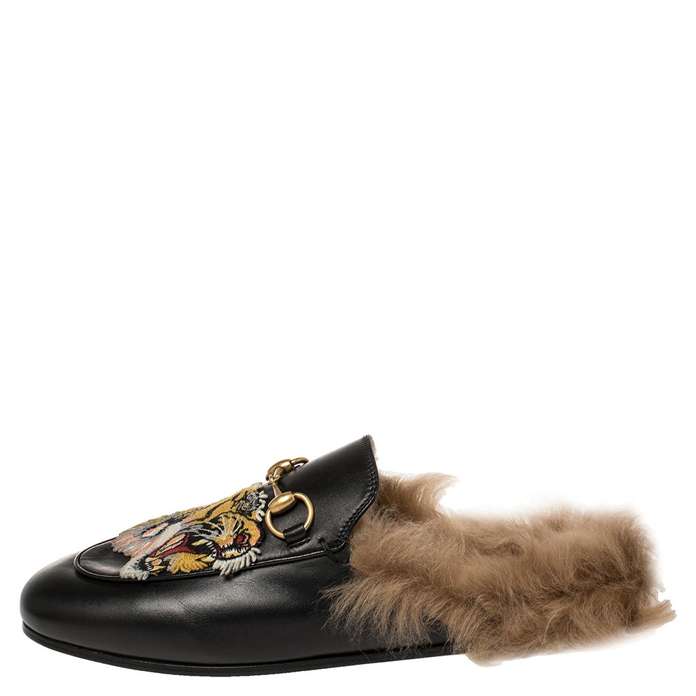 

Gucci Black Tiger Embroidered Leather and Fur Lined Princetown Flat Mules Size