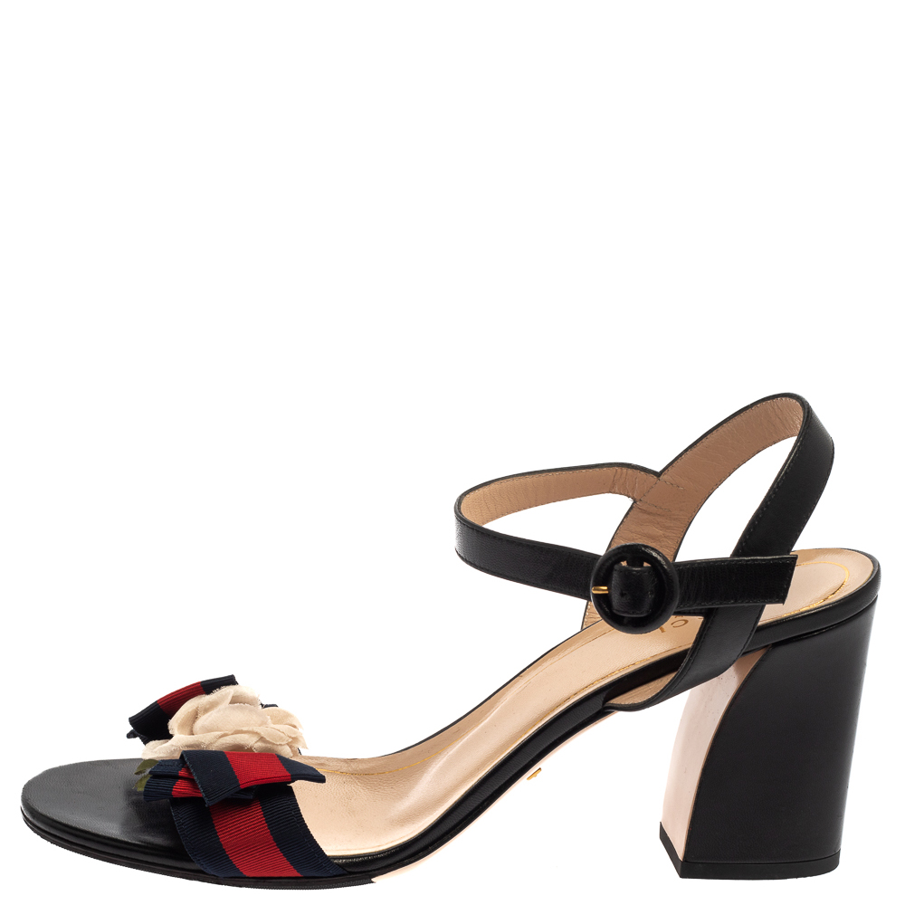 

Gucci Black Leather Web Bow Flower Sandals Size