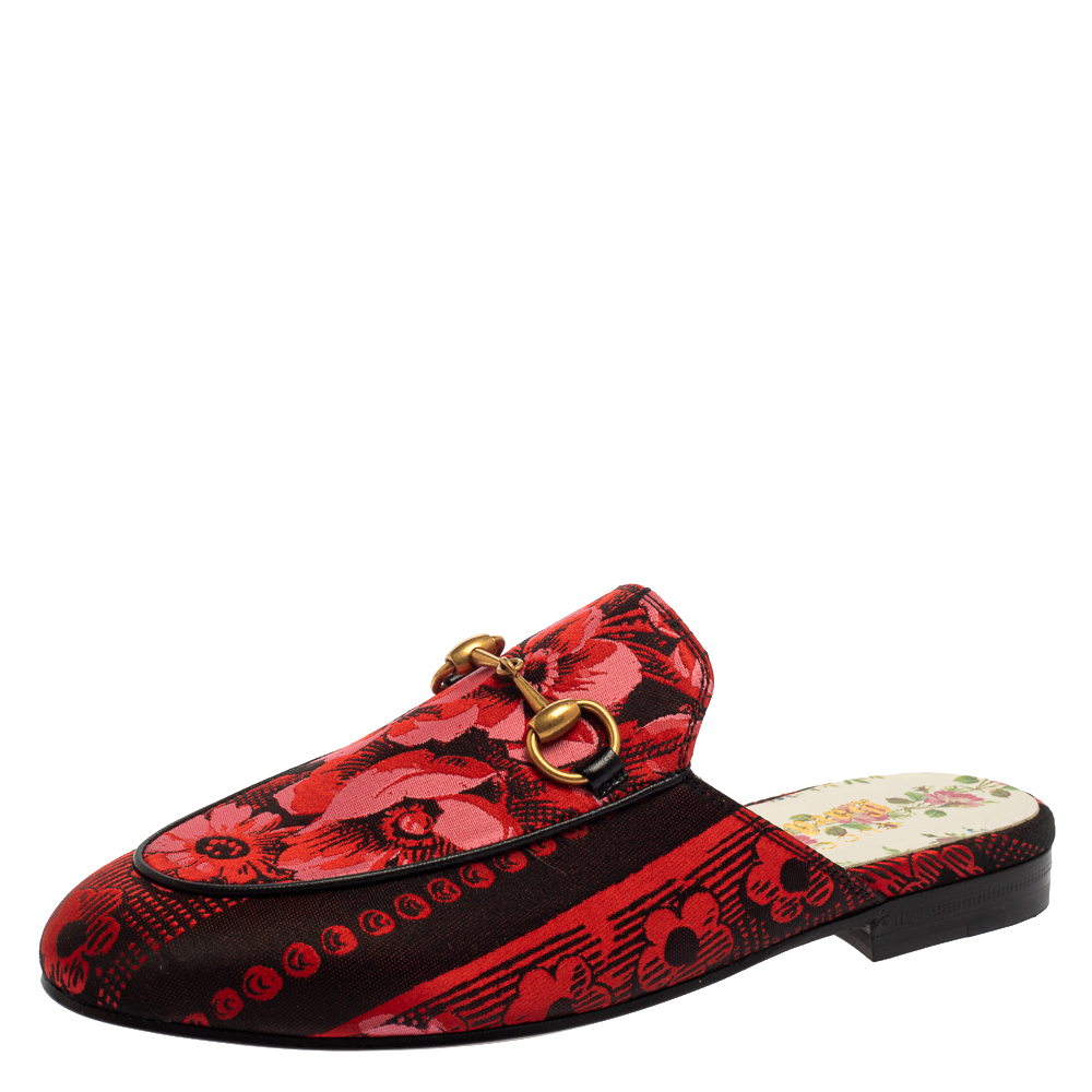 Pre-owned Gucci Red/black Fabric Garden Princetown Flat Mules Size 35