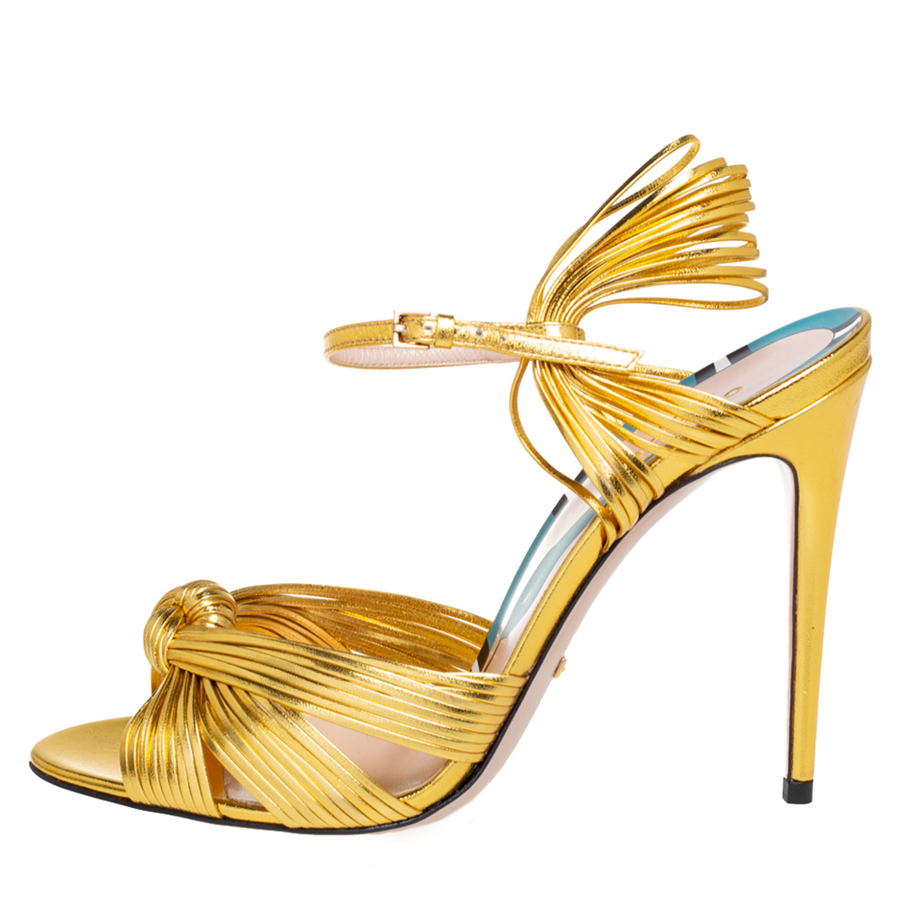 

Gucci Metallic Gold Leather Strappy Allie Knot Sandals Size
