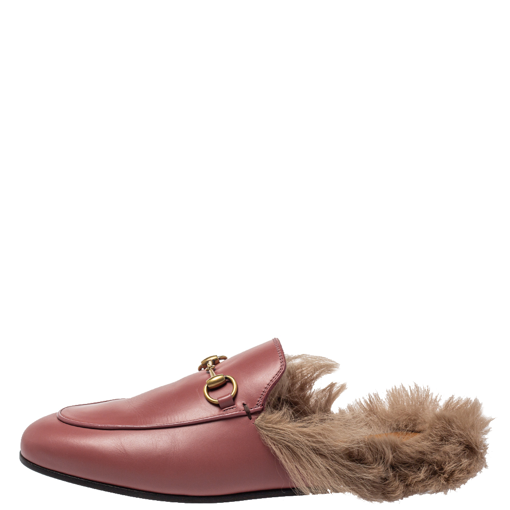 

Gucci Pink Leather And Fur Princetown Horsebit Mules Size