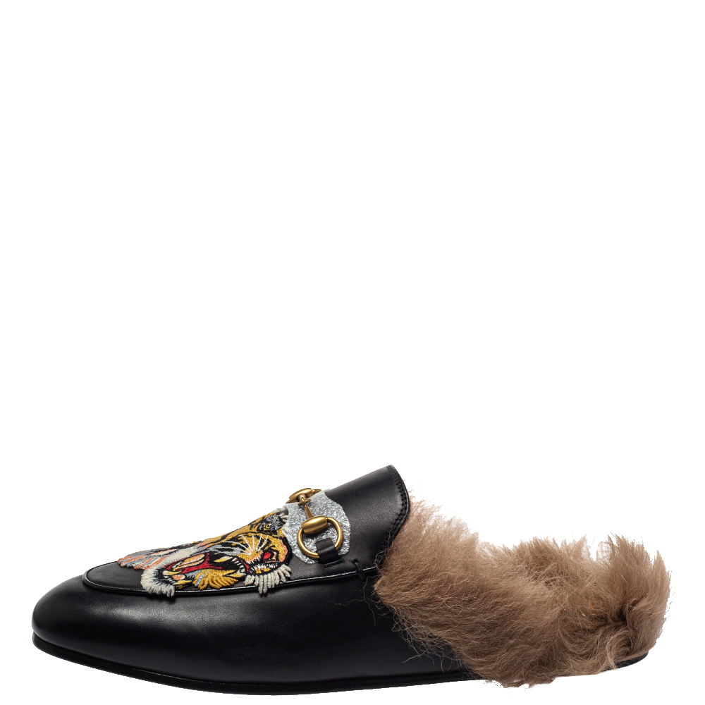 

Gucci Black Tiger Embroidered Leather And Fur Princetown Horsebit Mules Size