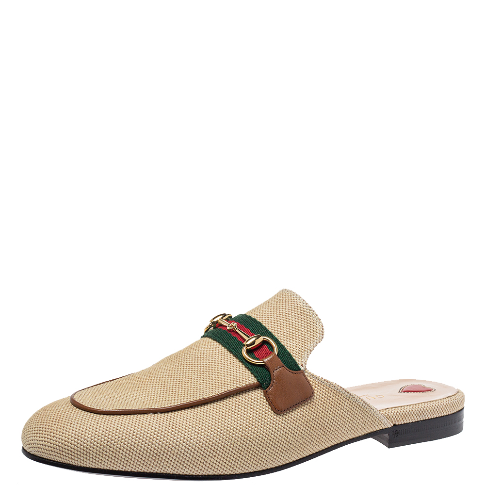 Pre-owned Gucci Beige Canvas And Leather Princetown Horsebit Mules Size 39.5