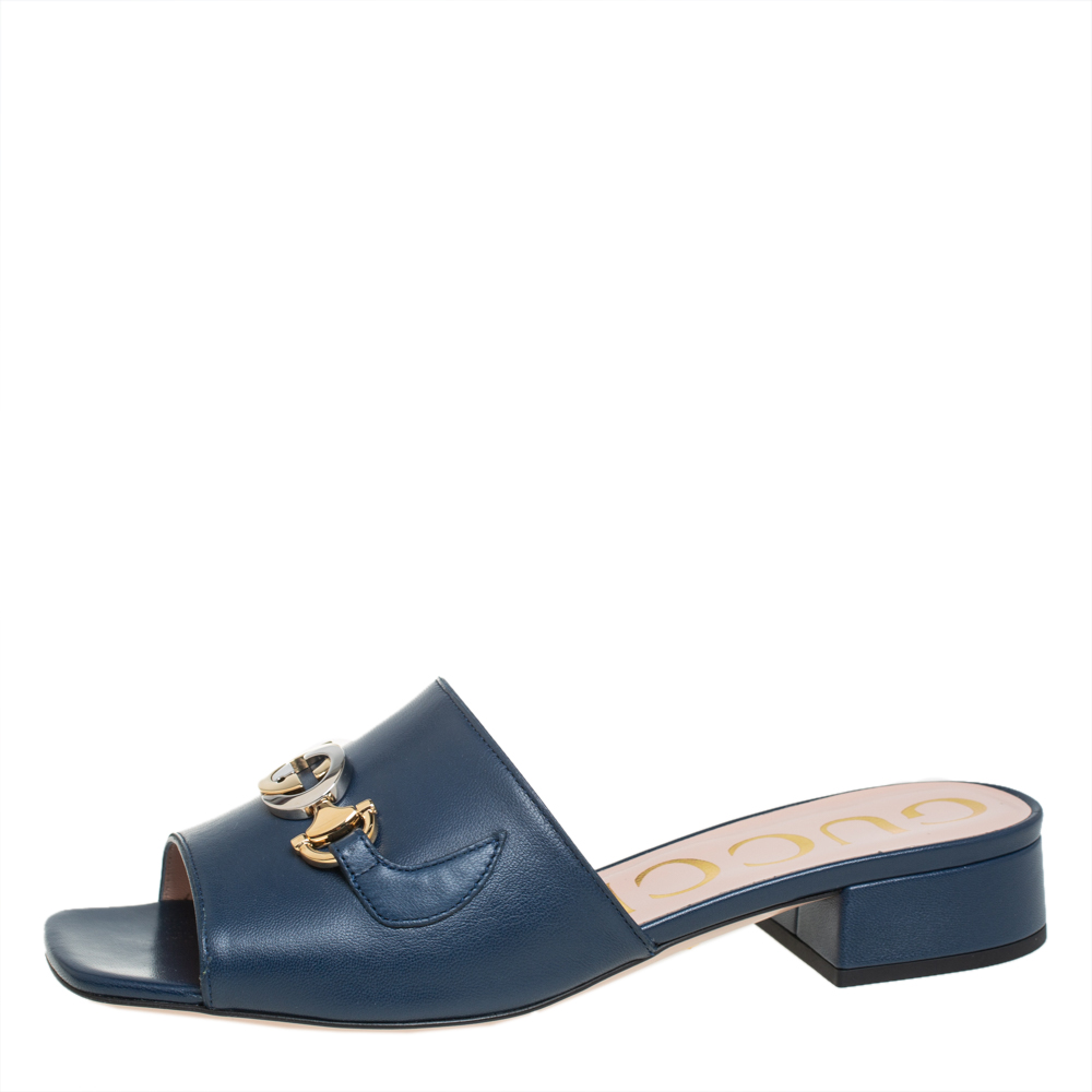 

Gucci Blue Leather Zumi Slide Sandals Size