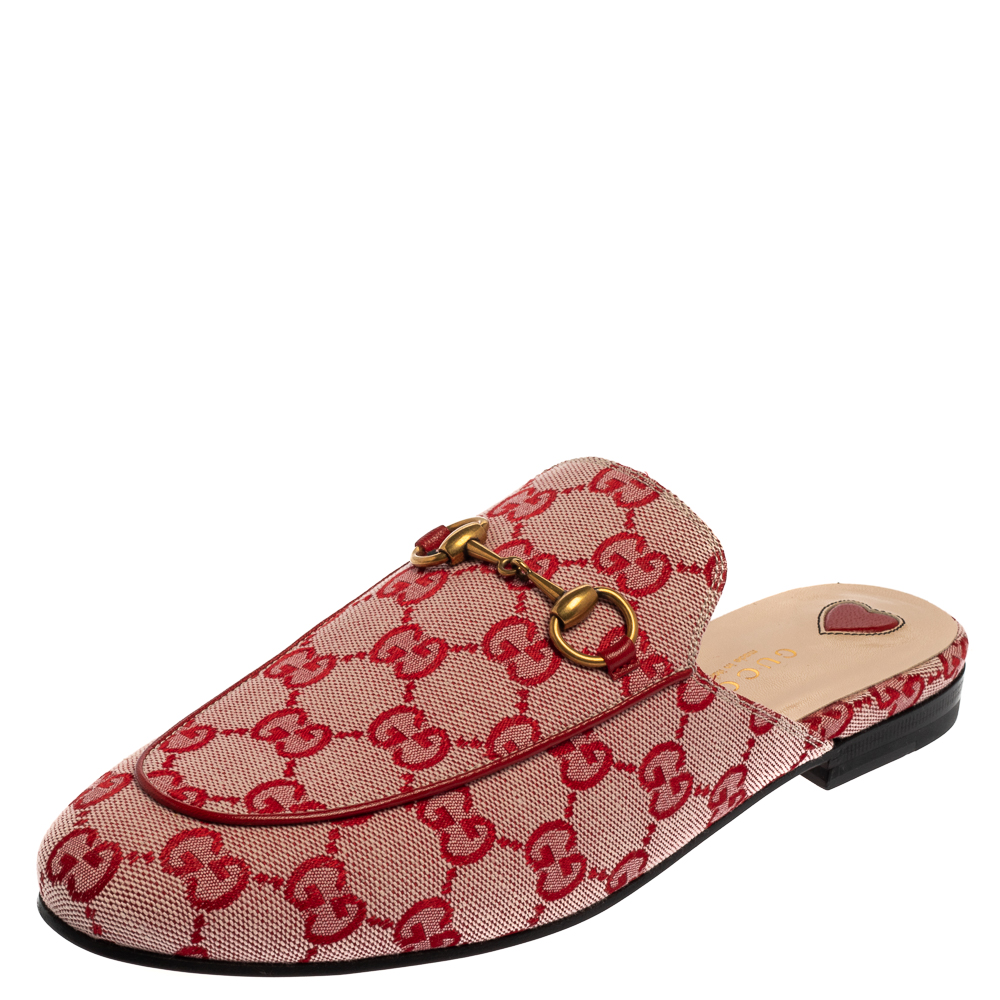 Pre-owned Gucci Red Gg Canvas Princetown Horsebit Flat Mules Size 37.5