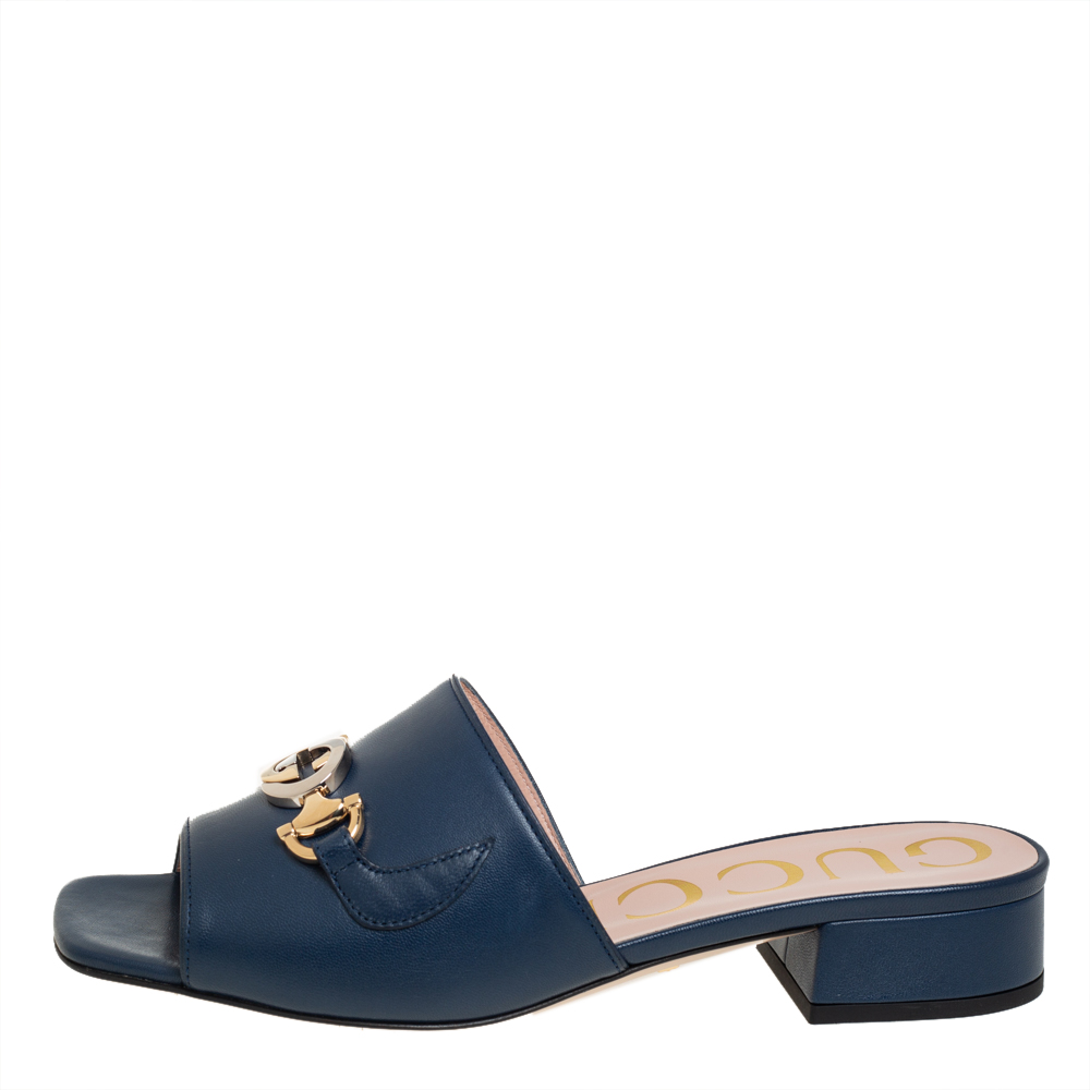 

Gucci Blue Leather Zumi GG Interlocking Slide Sandals Size