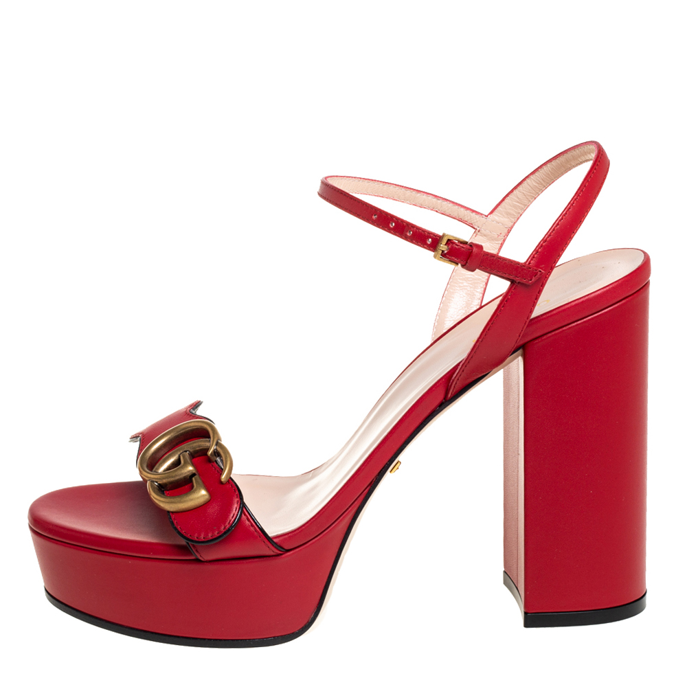 

Gucci Red Leather GG Marmont Block Heel Platform Ankle Strap Sandals Size
