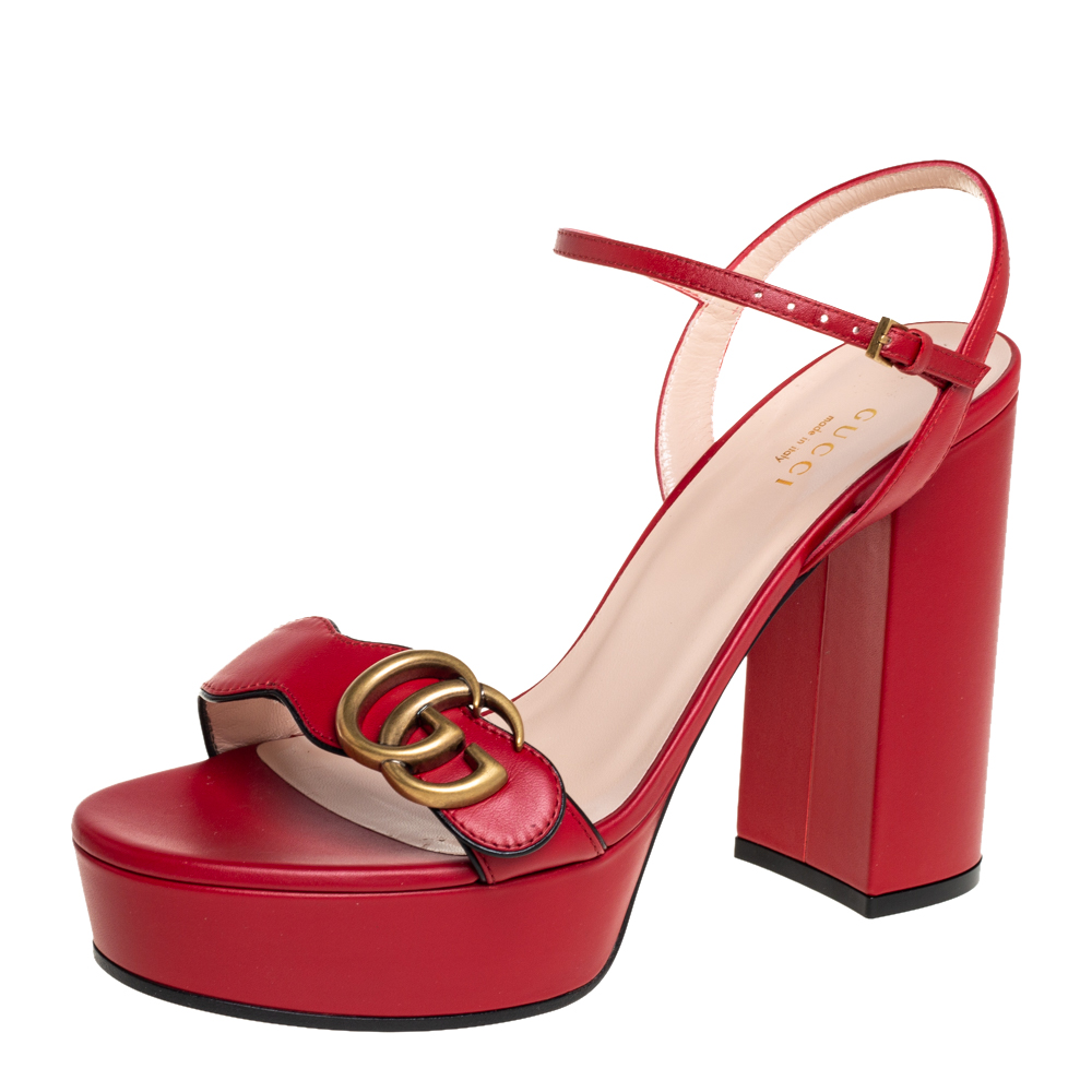 Pre-owned Gucci Red Leather Gg Marmont Block Heel Platform Ankle Strap Sandals Size 38.5