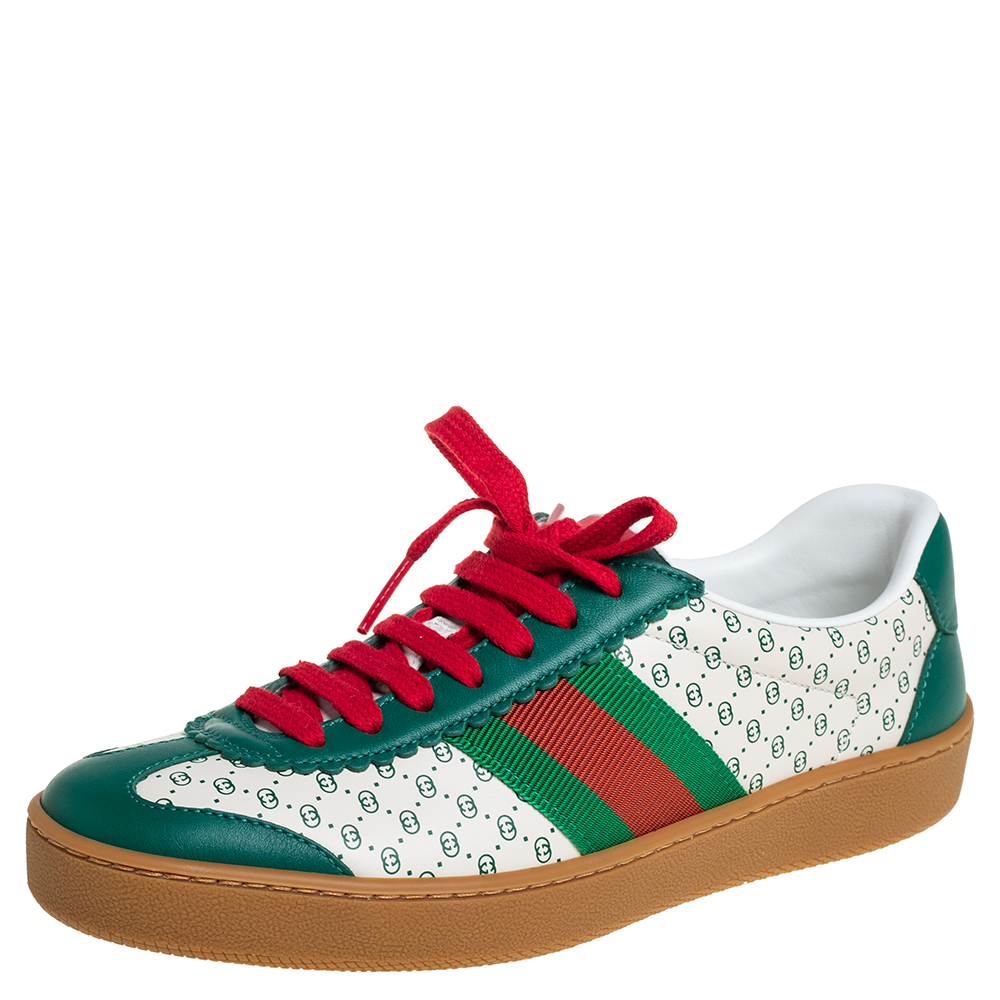 Pre-owned Gucci Green/white Leather Web Dapper Dan Low Top Sneakers Size 35