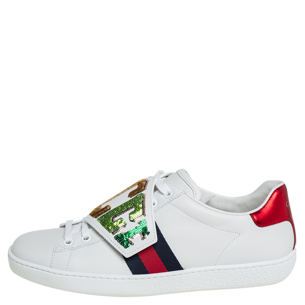 

Gucci White Leather Sequin Embellished Ace Web Detail Low Top Sneakers Size