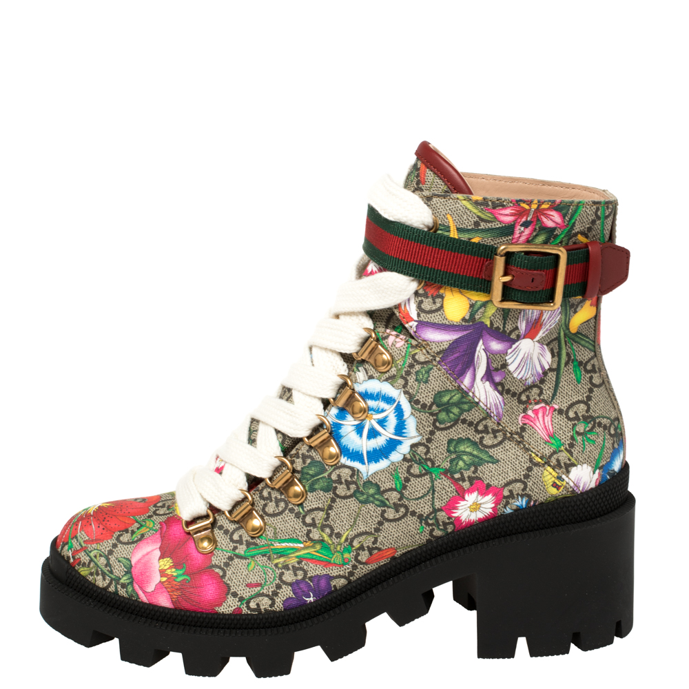 

Gucci Multicolor Floral Print GG Supreme Combat Ankle Boots Size