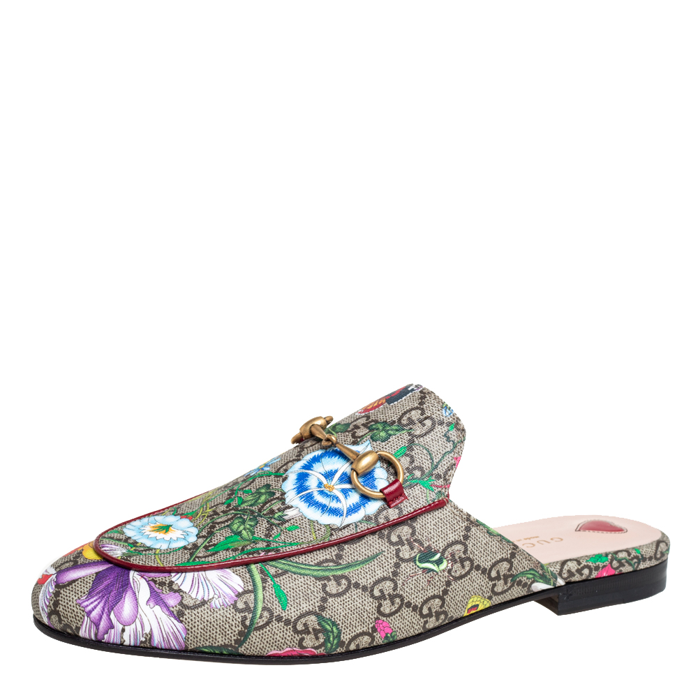 Pre-owned Gucci Multicolor Coated Canvas Tian Print Princetown Sandals Size 39