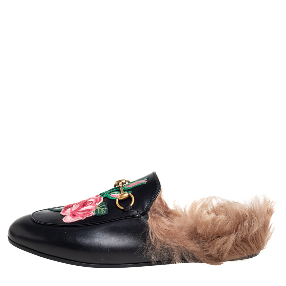 

Gucci Black Leather And Fur Princetown Sandals Size