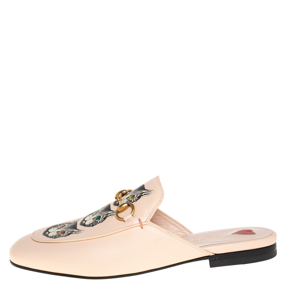 

Gucci Pink Leather Mystic Cat Princetown Mule Sandals Size