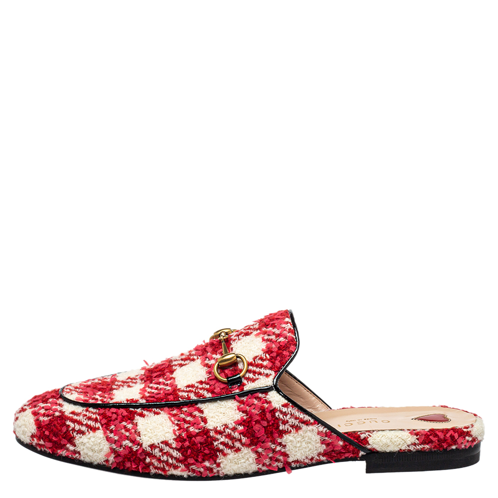 

Gucci Red/White Tweed Princetown Mules Sandals Size