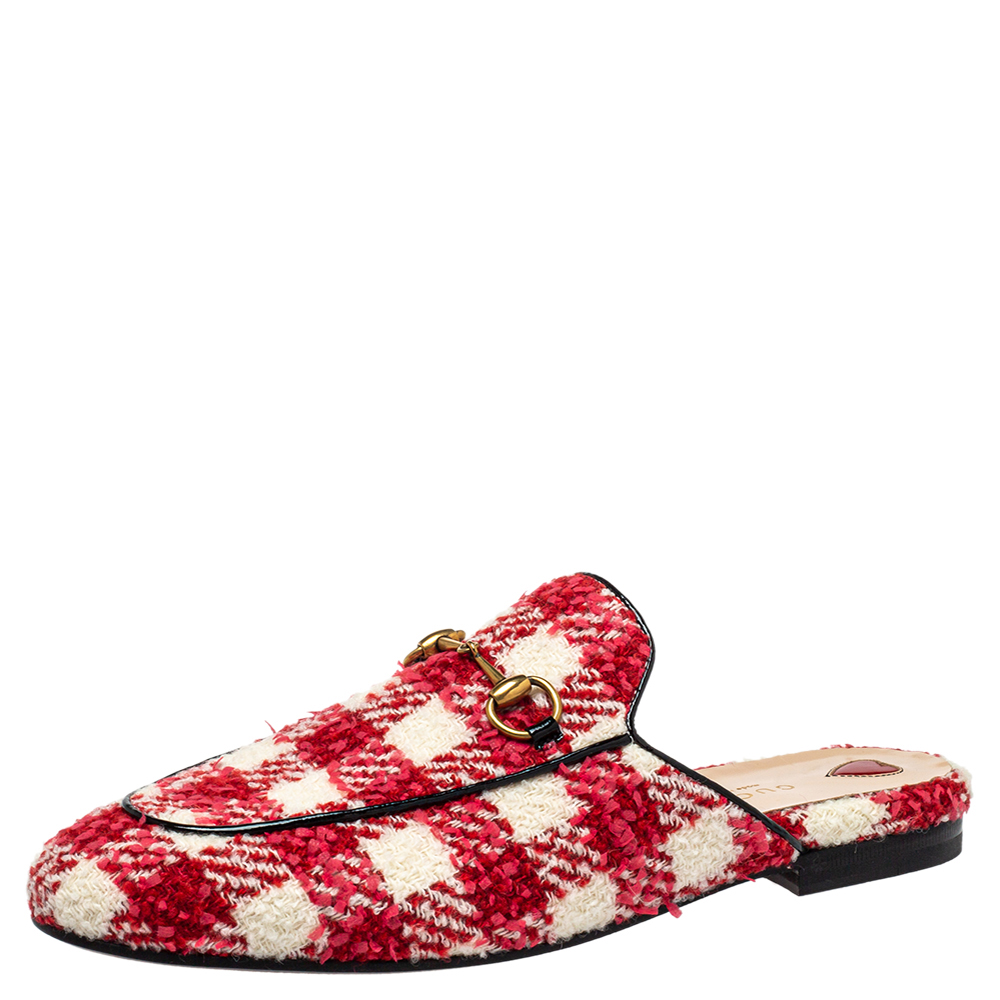 Pre-owned Gucci Red/white Tweed Princetown Mules Sandals Size 39