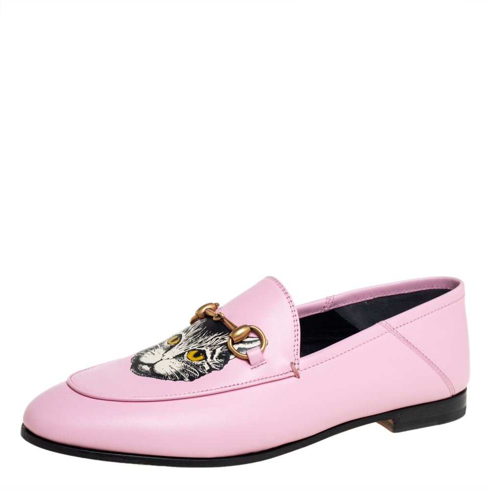 Pre-owned Gucci Pink Leather Brixton Cat Loafers Size 37