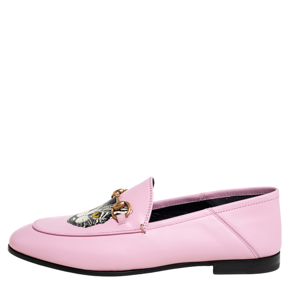 

Gucci Pink Leather Brixton Cat Loafers Size