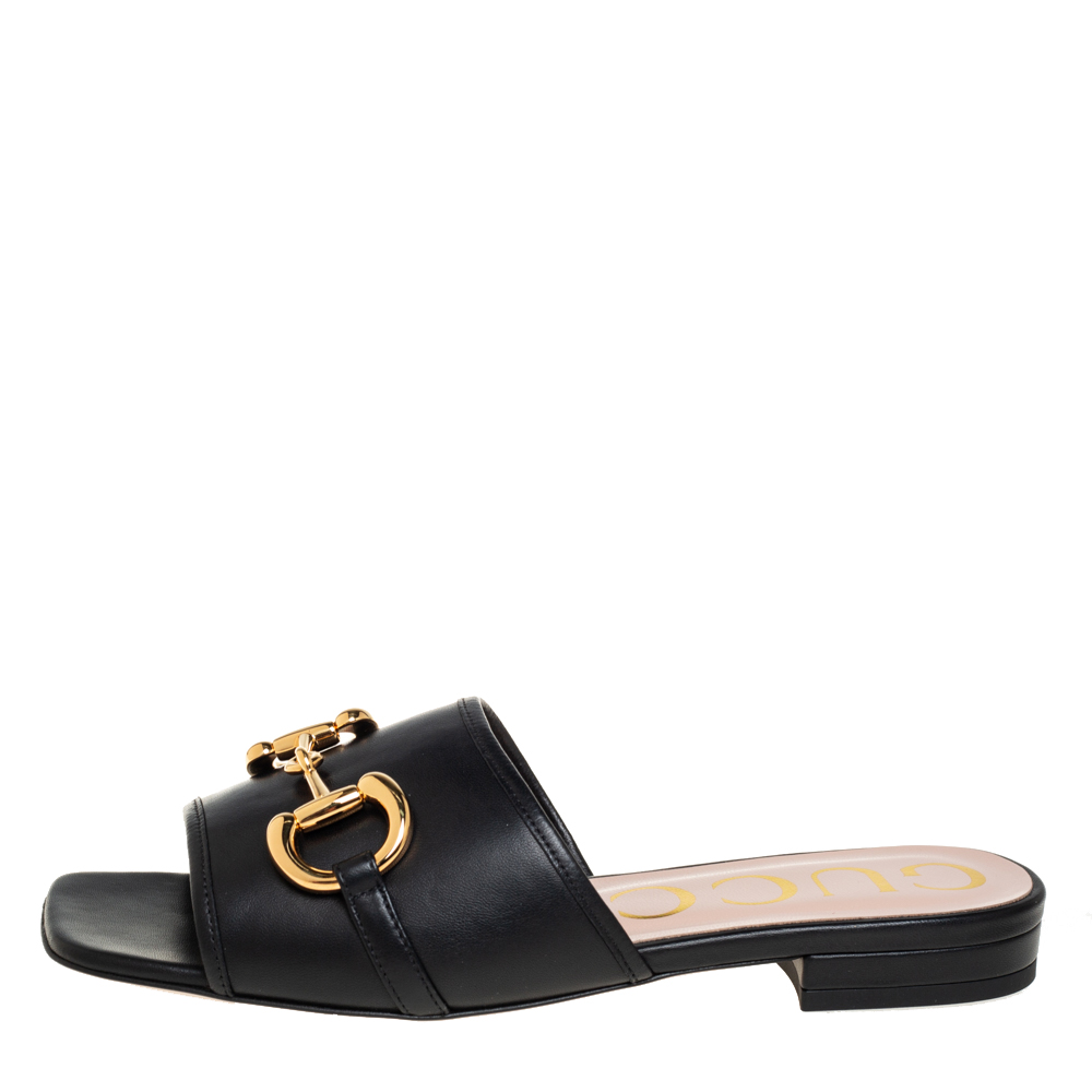 

Gucci Black Leather Horsebit Flat Slides Size