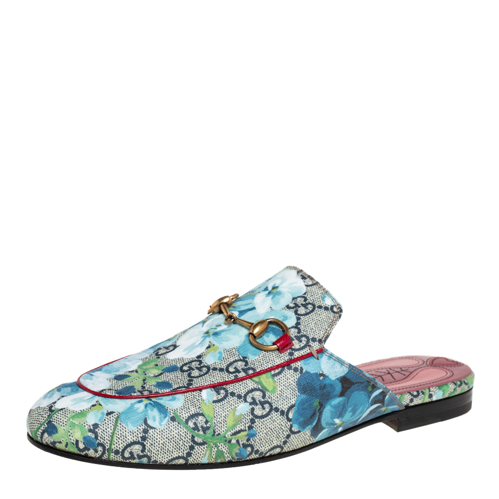Pre-owned Gucci Blue/grey Gg Canvas Floral Print Princetown Mules Size 37