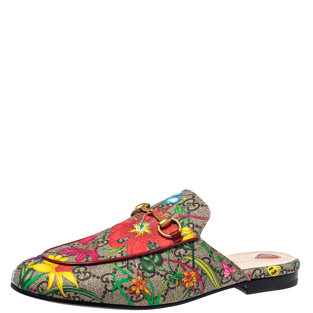 Pre-owned Gucci Multicolor Gg Supreme Canvas Floral Print Princetown Mule Sandals Size 38