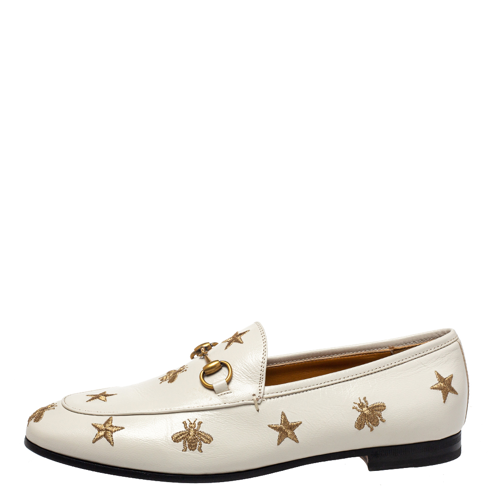 

Gucci White Bee & Star Embroidered Leather Jordaan Loafers Size