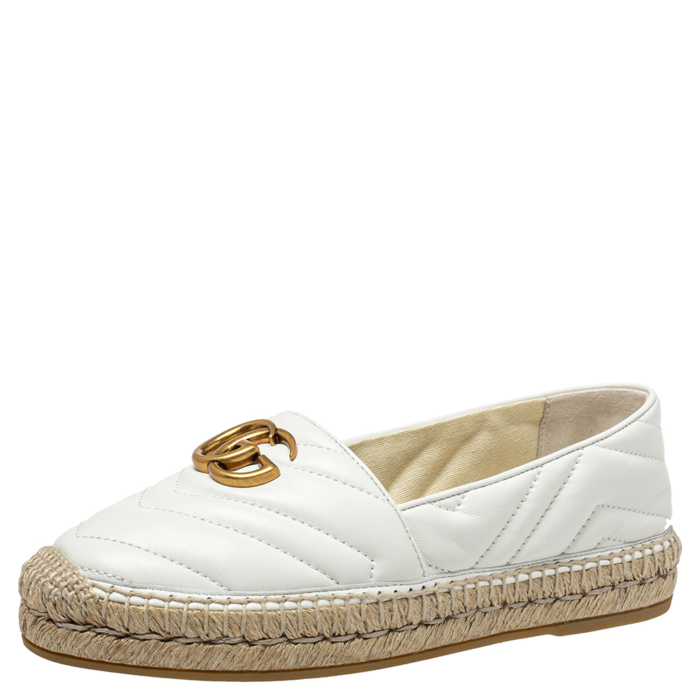 Pre-owned Gucci White Quilted Leather Gg Espadrilles Size 36