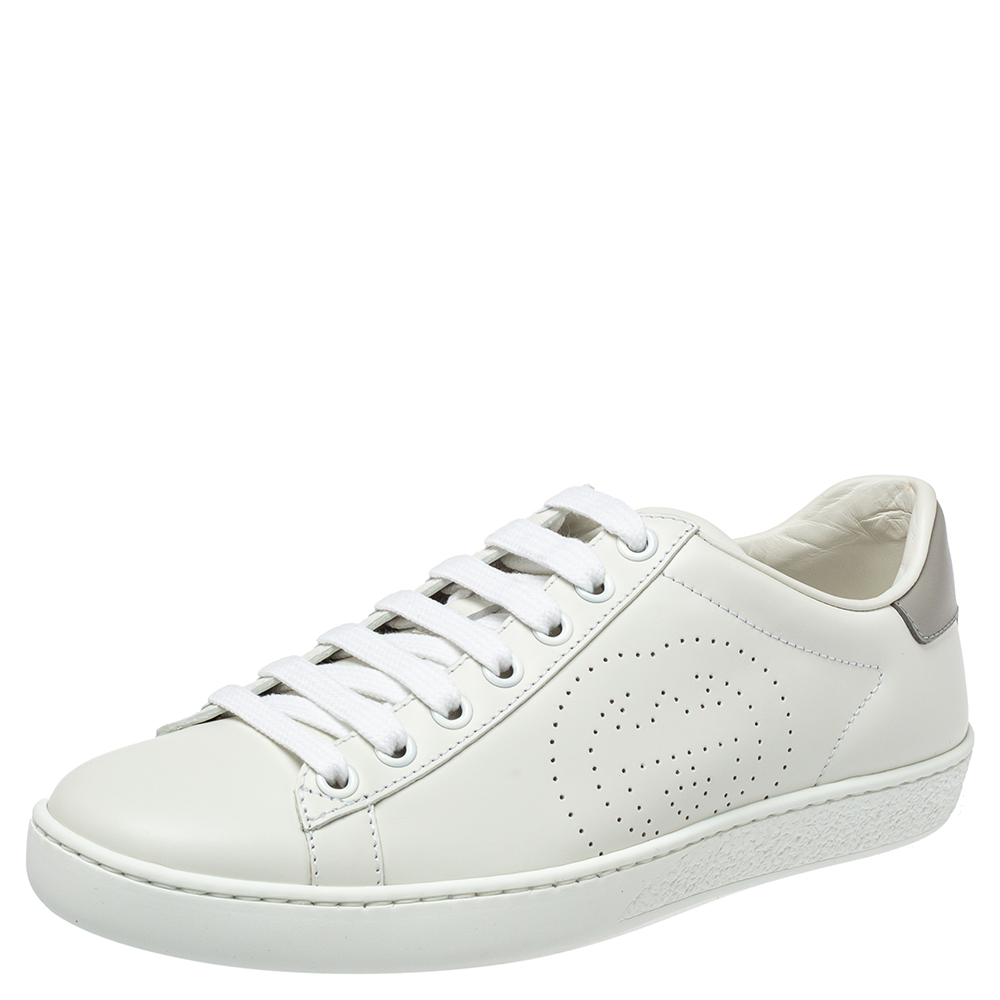 Pre-owned Gucci White/grey Leather Interlocking G Ace Sneakers Size 35.5
