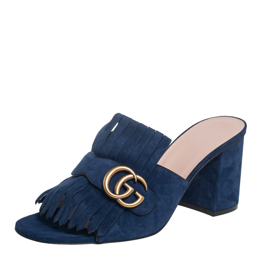 Pre-owned Gucci Blue Suede Gg Marmont Fringe Detail Block Heel Sandals Size 40.5