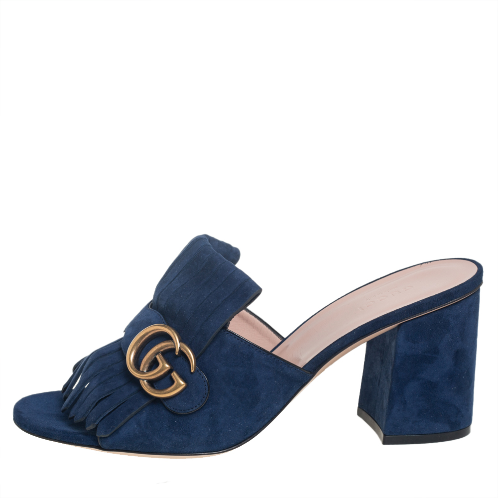 

Gucci Blue Suede GG Marmont Fringe Detail Block Heel Sandals Size