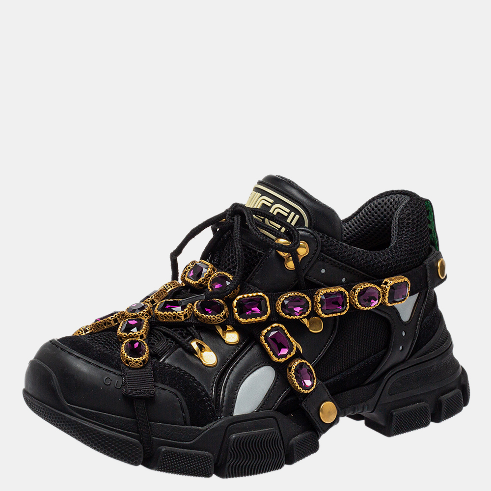 

Gucci Black Leather And Mesh Flashtrek Removable Crystals Sneaker Size