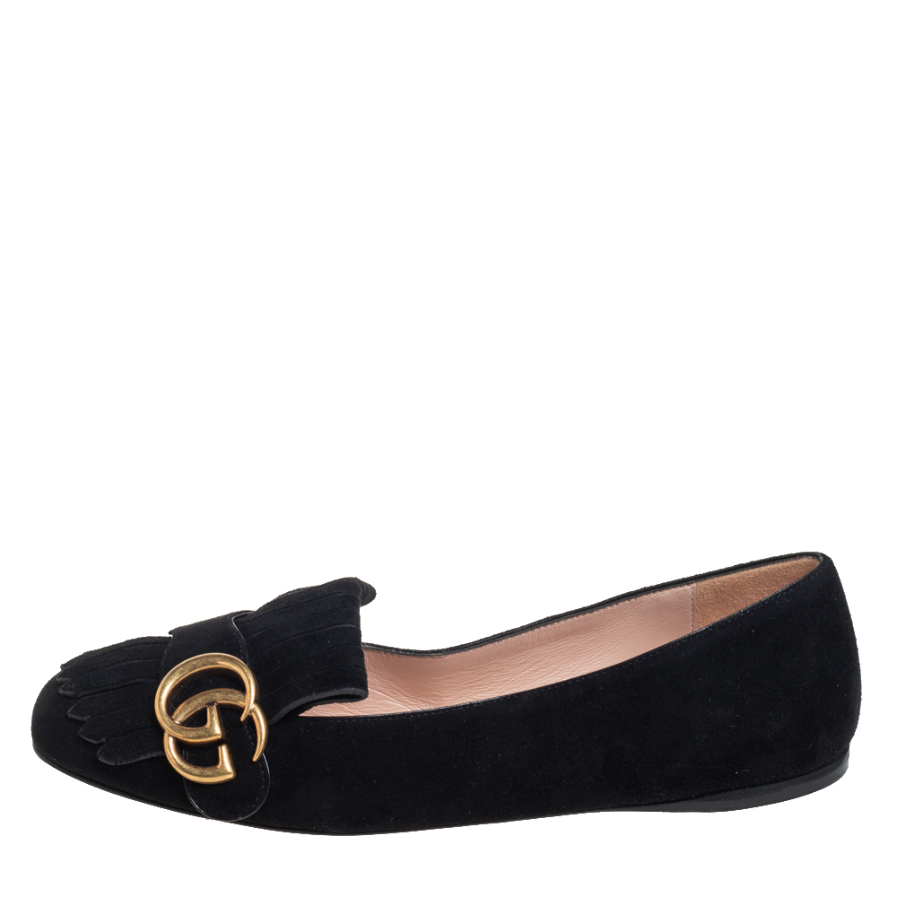 

Gucci Black Suede GG Marmont Fringe Detail Ballet Flats Size