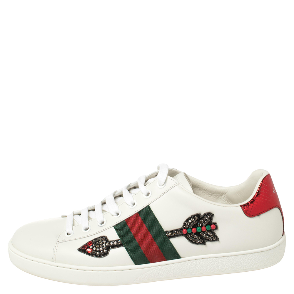 

Gucci White Leather Ace Embellished Arrow Appliqué Low Top Sneakers Size